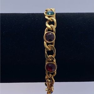 Vintage 80’s Gold Plated Link 7” Bracelet with Multi-Colored CZ Gems.